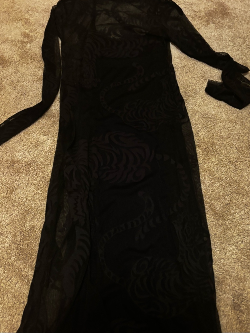 Black Sheer Long-Sleeve Maxi Dress slip with sheer patterned cover